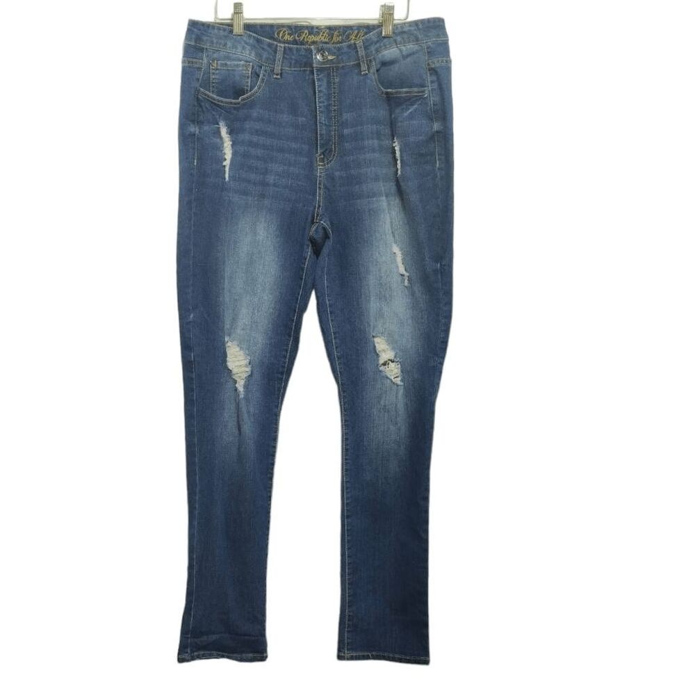 One Republic for All Distressed Ripped Straight Jeans Sz 14 Blue Stretch Denim